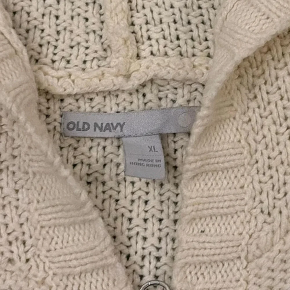 Y2K‎ Vintage Old Navy Lambswool Hooded Cable Knit 3D Zip Up Sweater | Cream | XL